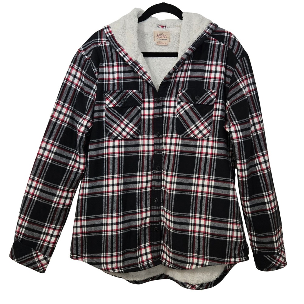 Boston Traders Womens XL Plaid‎ Hooded Flannel Sherpa Lined Jacket Red Black